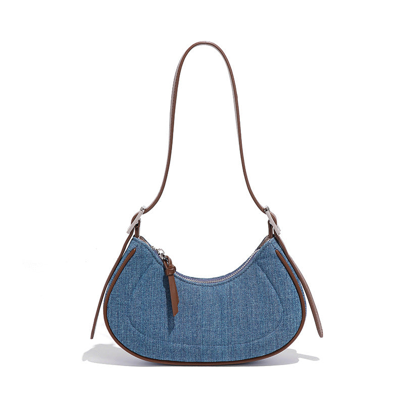 Denim Crescent Handbag with brown trim showcasing stylish fashion and ملابس accessories