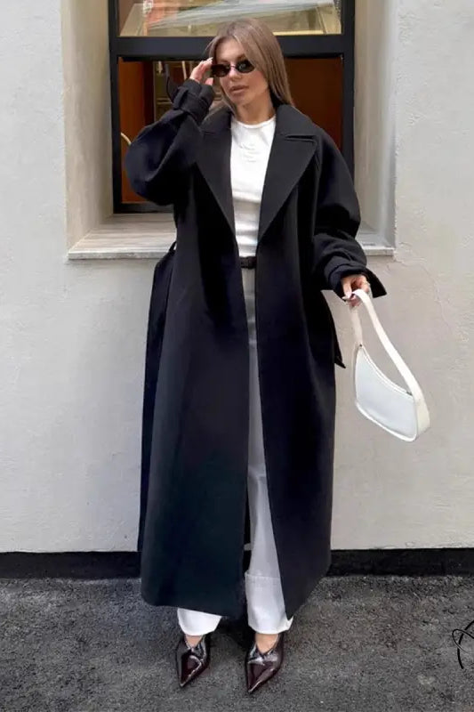 Langry fashion black oversized woolen coat with classic collar and wide sleeves