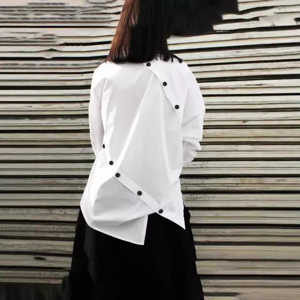 White button-back shirt from the Casual Diagonal Collar Shirt collection showcasing elegant ملابس fashion