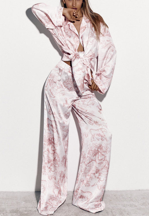 Pink floral silk langry pajama set with robe and wide-leg pants