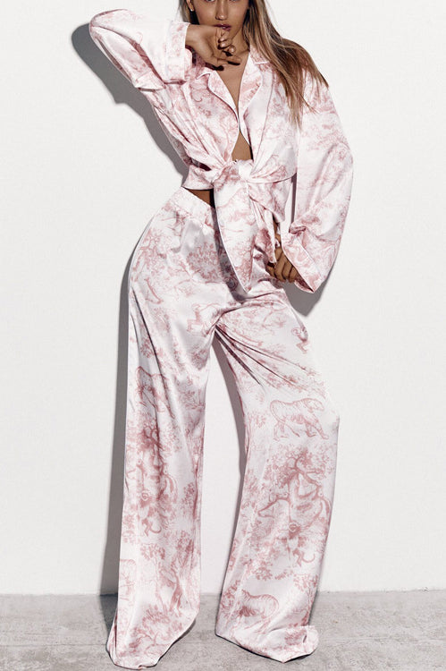 Pink floral silk langry pajama set with robe and wide-leg pants