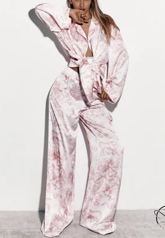 Pink floral silk langry fashion set with wide-leg pants and robe