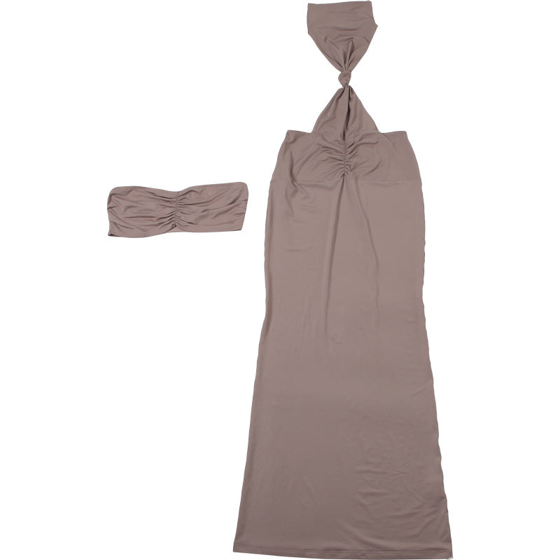 Taupe halter dress with bandeau top from Summer Women Elegant Backless Tube Top Halter Pleated Backless Two Piece Set, fashionable ملابس for summer