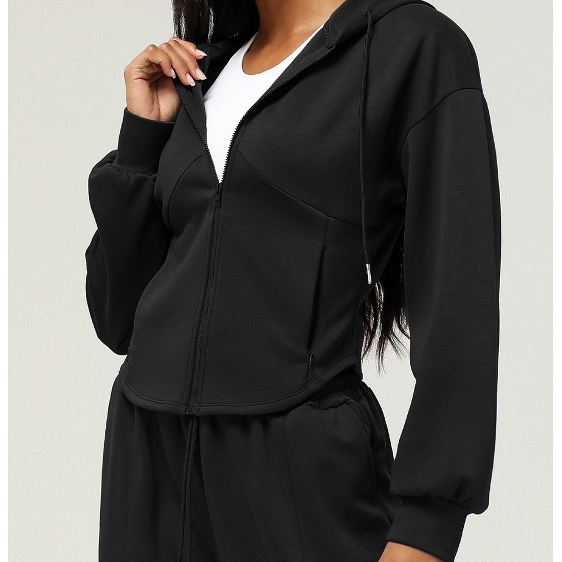 Black hooded zip-up jacket, stylish langry fashion casual cardigan sweater ملابس