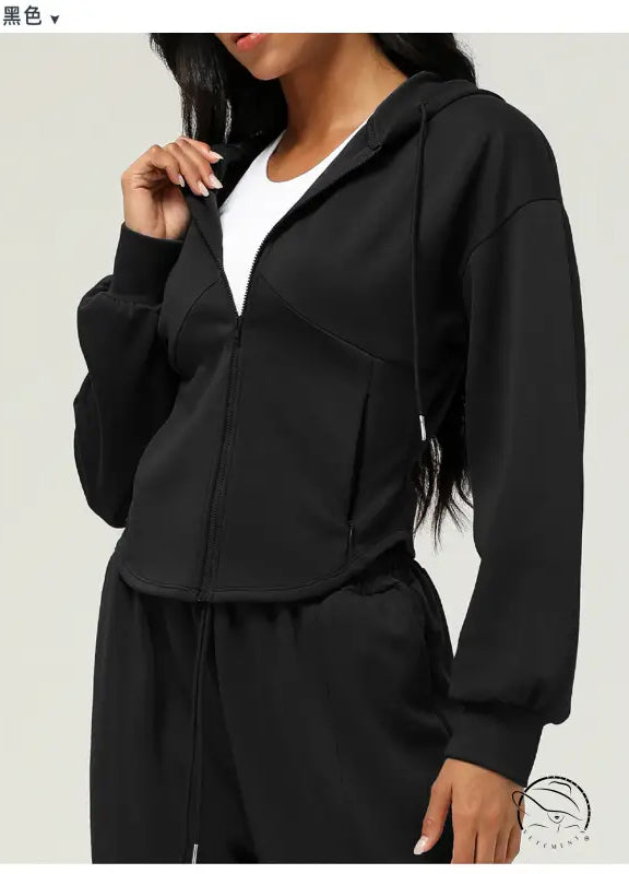 Black hooded zip-up casual cardigan sweater