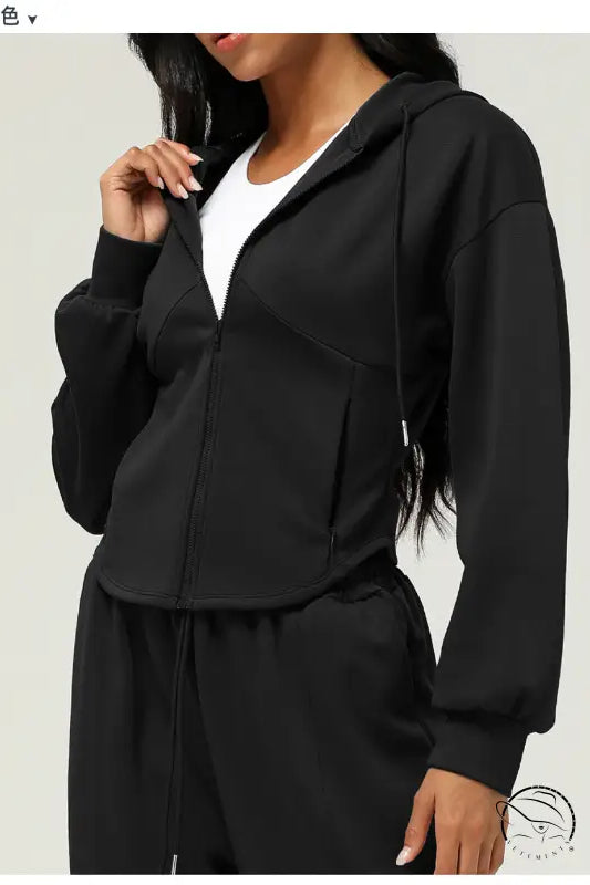 Black hooded zip-up casual cardigan sweater