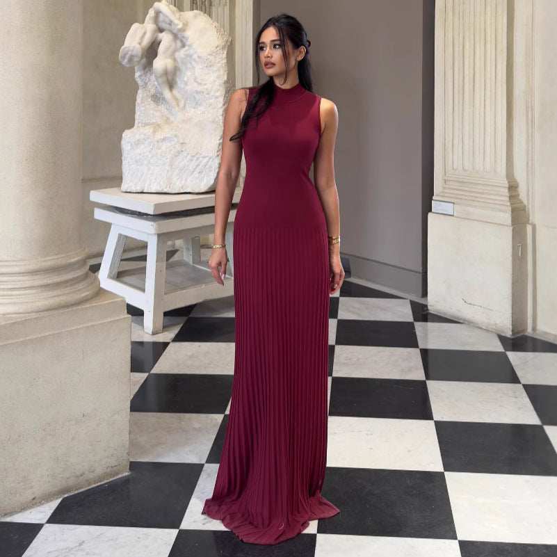 Sleeveless burgundy pleated evening gown high neckline, perfect for an elegant maxi dress