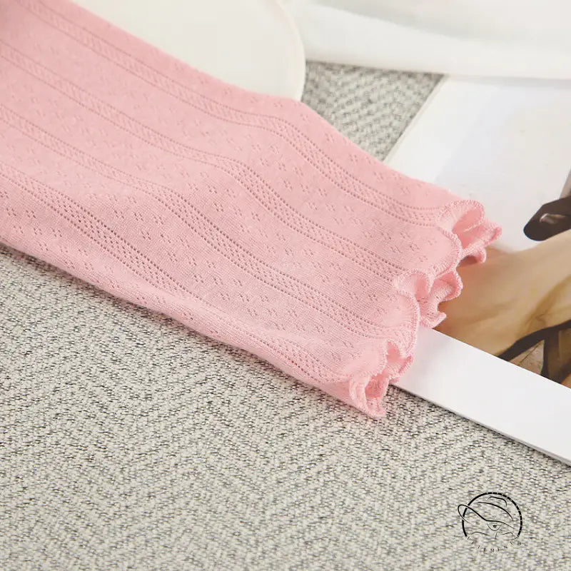 Pink eyelet knit breathable long sleeve pajama shorts fabric with ruffled edge