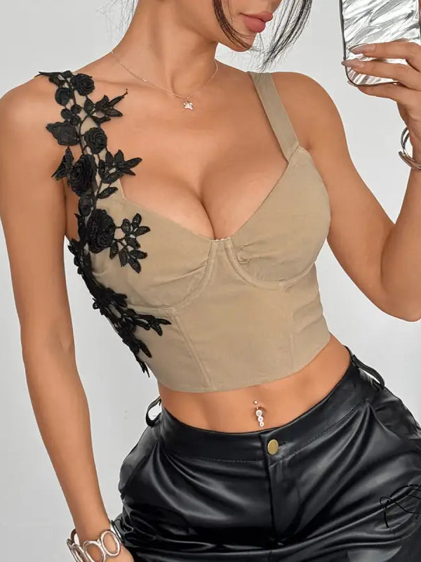 Beige floral lace corset crop top with black accents and thin straps