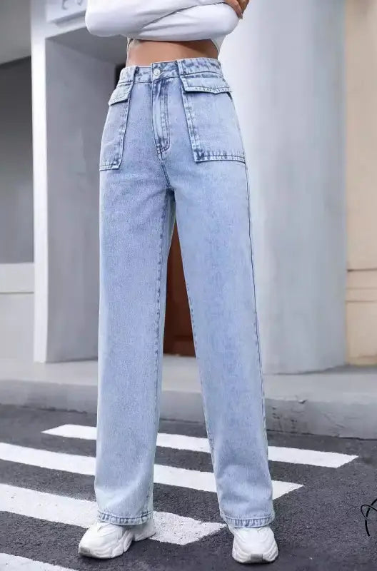Light wash high-waisted wide-leg Langry denim trousers with flap pockets