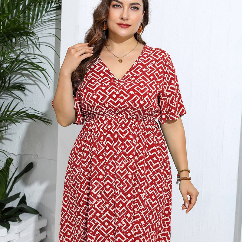 Red and white geometric print Casual V Neck Loose Dress with flutter sleeves and elastic waist
