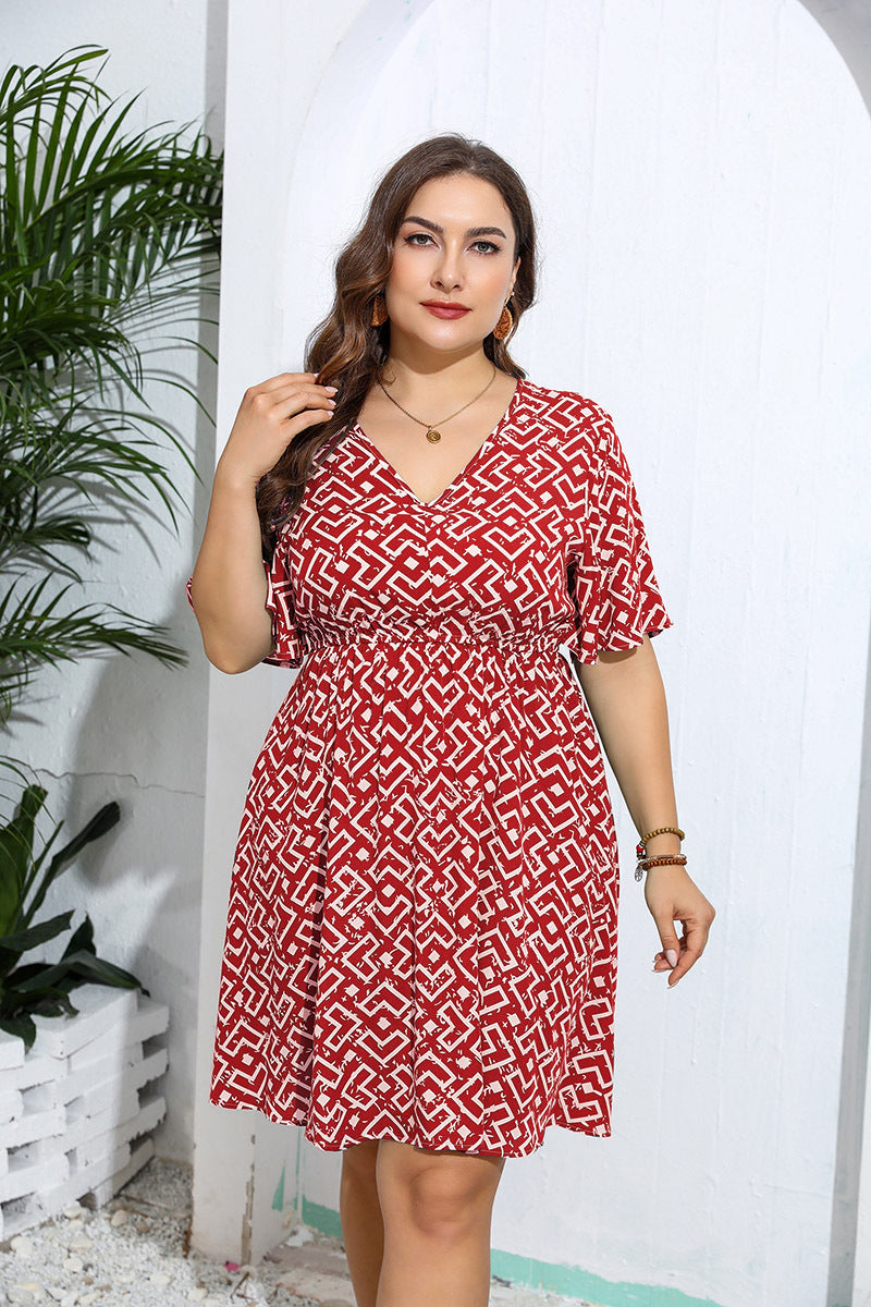 Red and white geometric print Casual V Neck Loose Dress with flutter sleeves and elastic waist