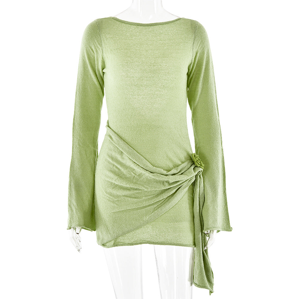 Green long-sleeved draped dress for stylish fashion and ملابس occasions