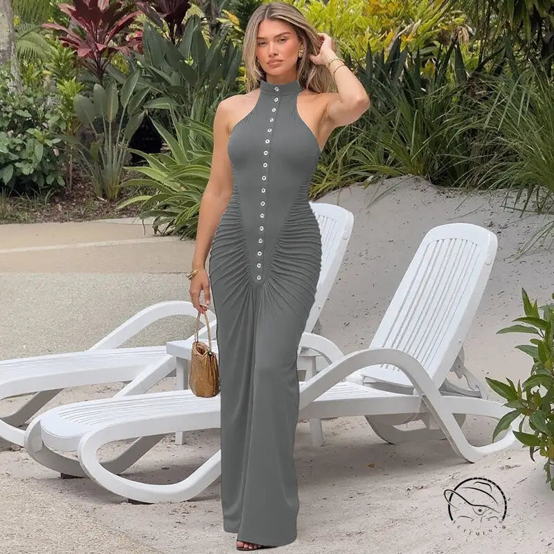 Langry fashion grey halter neck maxi dress with button detail