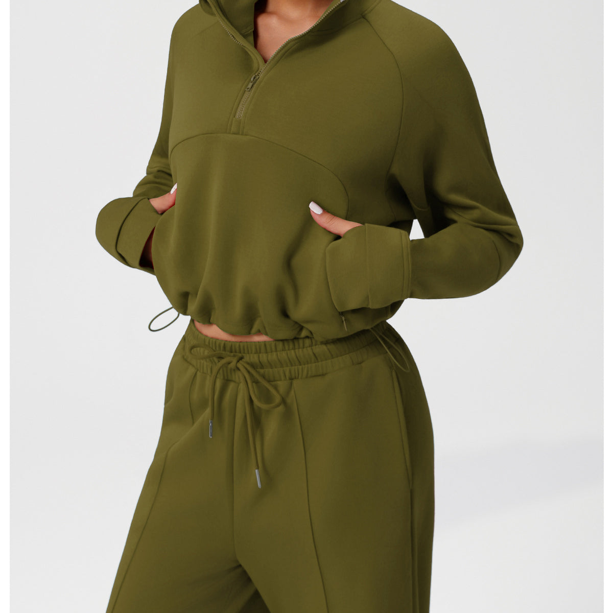 Langry fashion olive green fleece sweatshirt and pants set with drawstring waistband