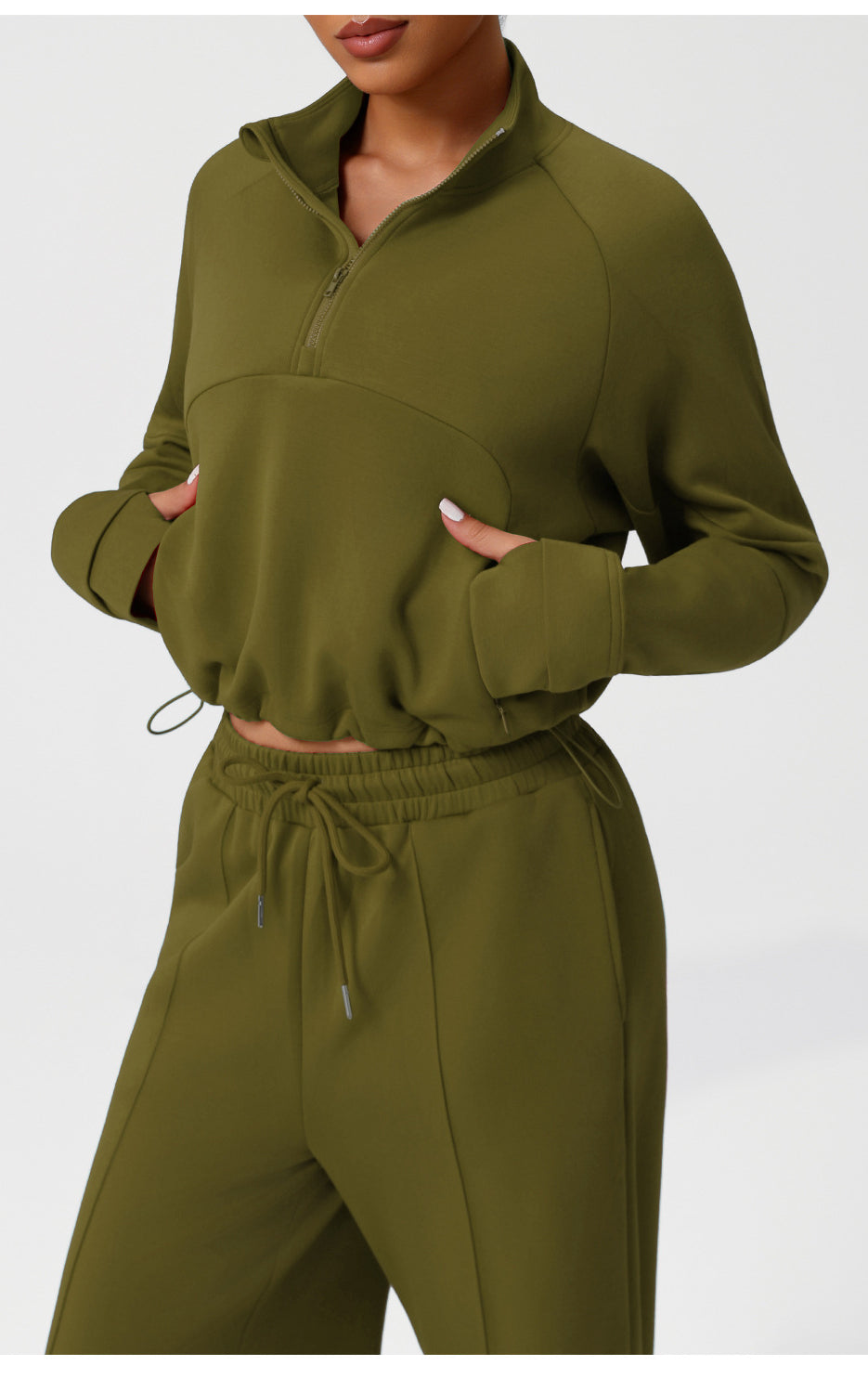 Langry fashion olive green fleece sweatshirt and pants set with drawstring waistband
