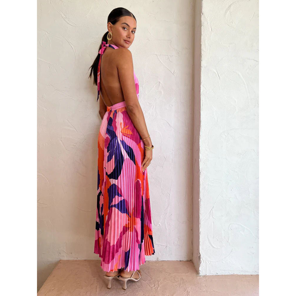 Spring Summer Halter Pleated Dress Casual Loose Vacation Women Clothing