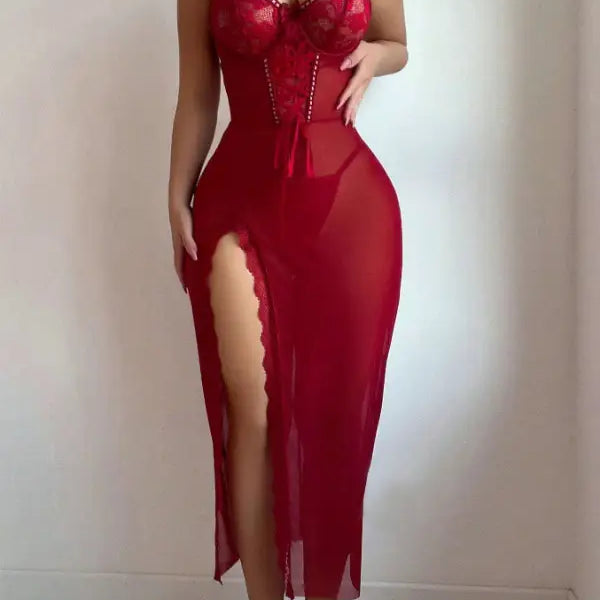 Sheer red lace-detail maxi dress with thigh-high slit in mesh lingerie sets