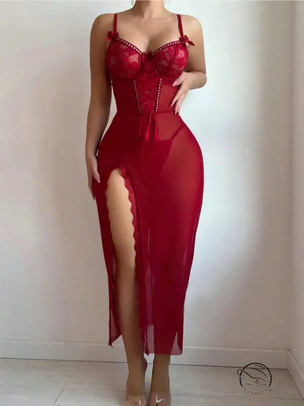 Sheer red lace-detail maxi dress with thigh-high slit in mesh lingerie sets
