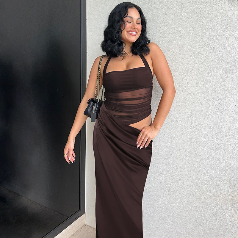 Brown halter-neck maxi dress from the Stunning Halter Split Maxi Dress collection