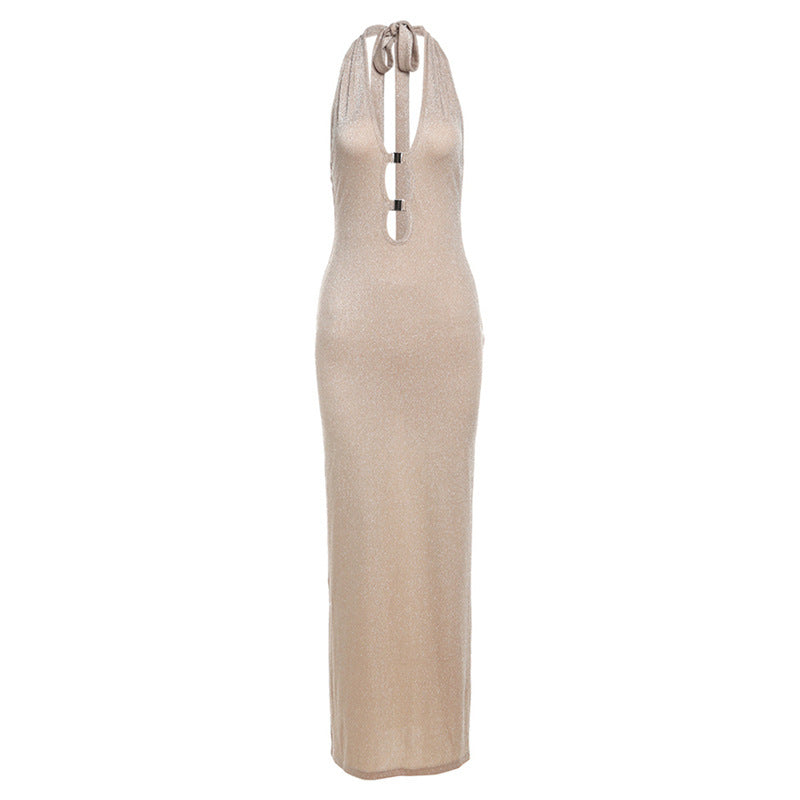 Beige halter neck maxi dress in the Women Clothing Spring Summer collection
