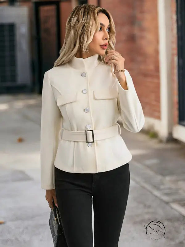 Cream-colored belted woolen coat with silver buttons, langry fashion ملابس