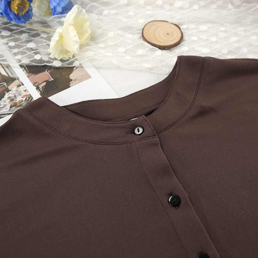 Brown long sleeve shirt with banded collar and partial button placket for long sleeve pants set
