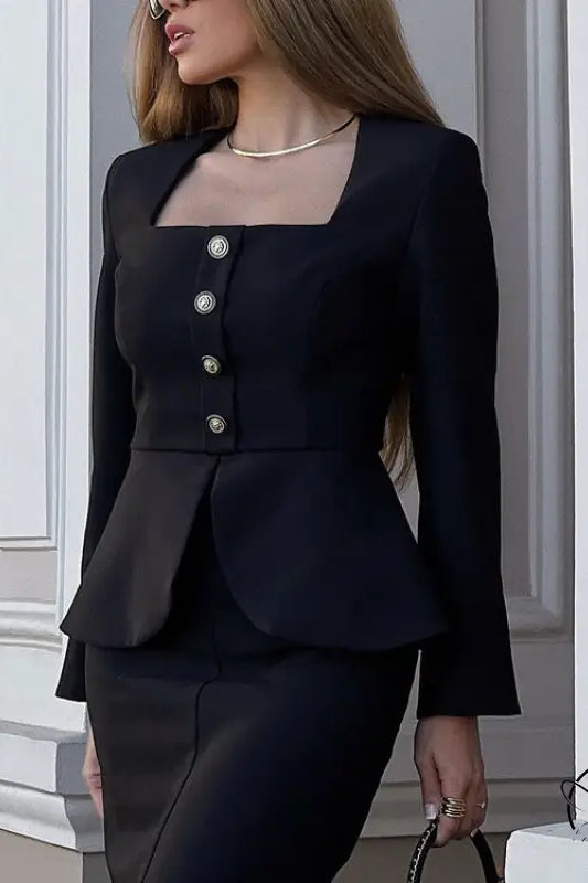 Women Square Collar Long Sleeve Cardigan Top Package Hip Skirt Two Piece Set