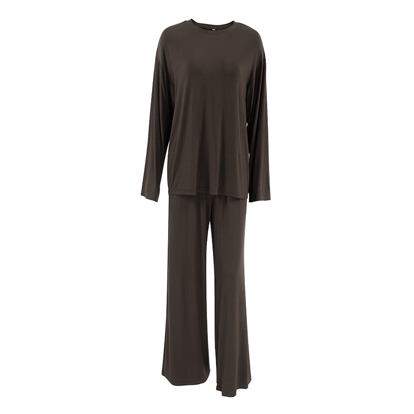Dark brown long-sleeved top and wide-leg pants set, breathable casual fashion for women