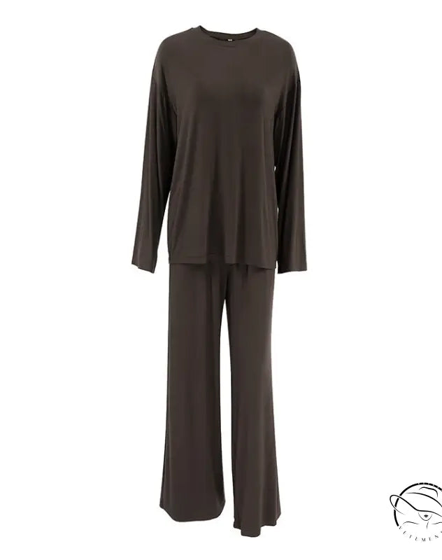Dark brown knitted round neck long-sleeved loose pajama set with wide-leg pants for women
