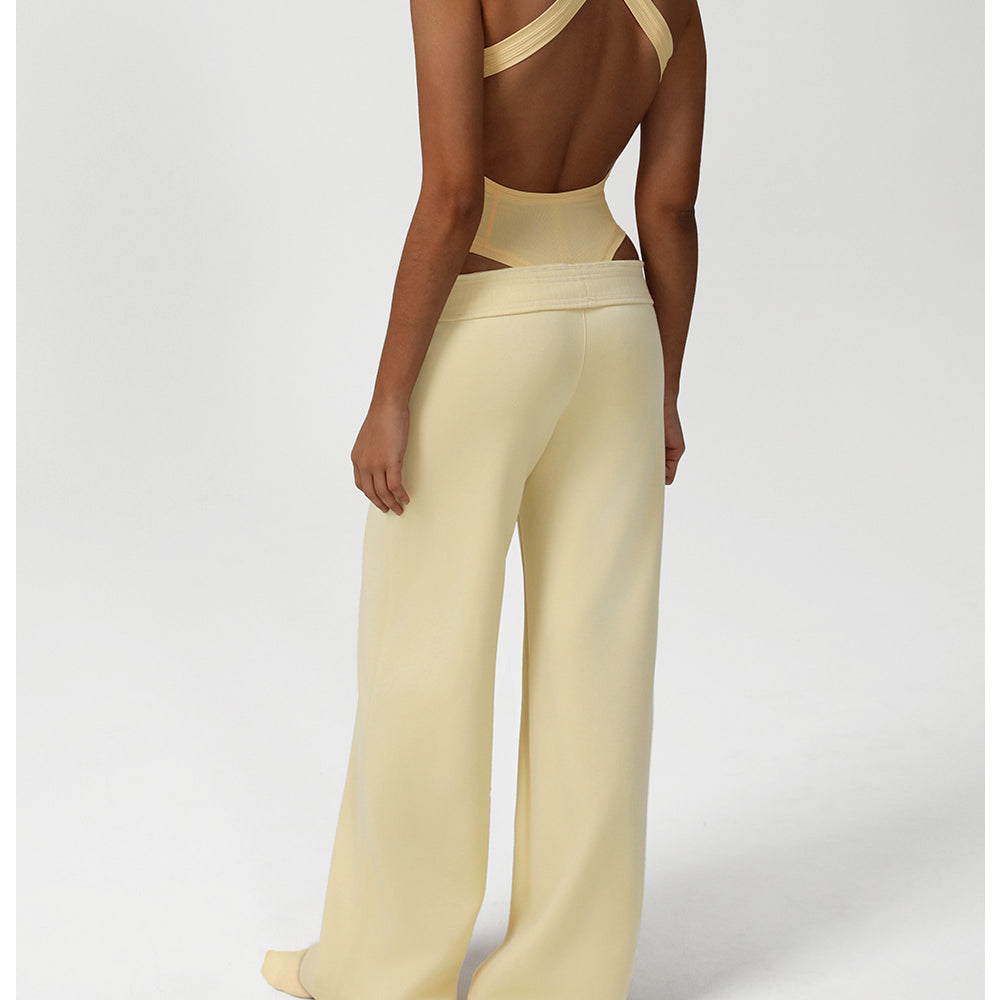 Cream-colored Langry fashion jumpsuit with crisscross back and wide-leg pants