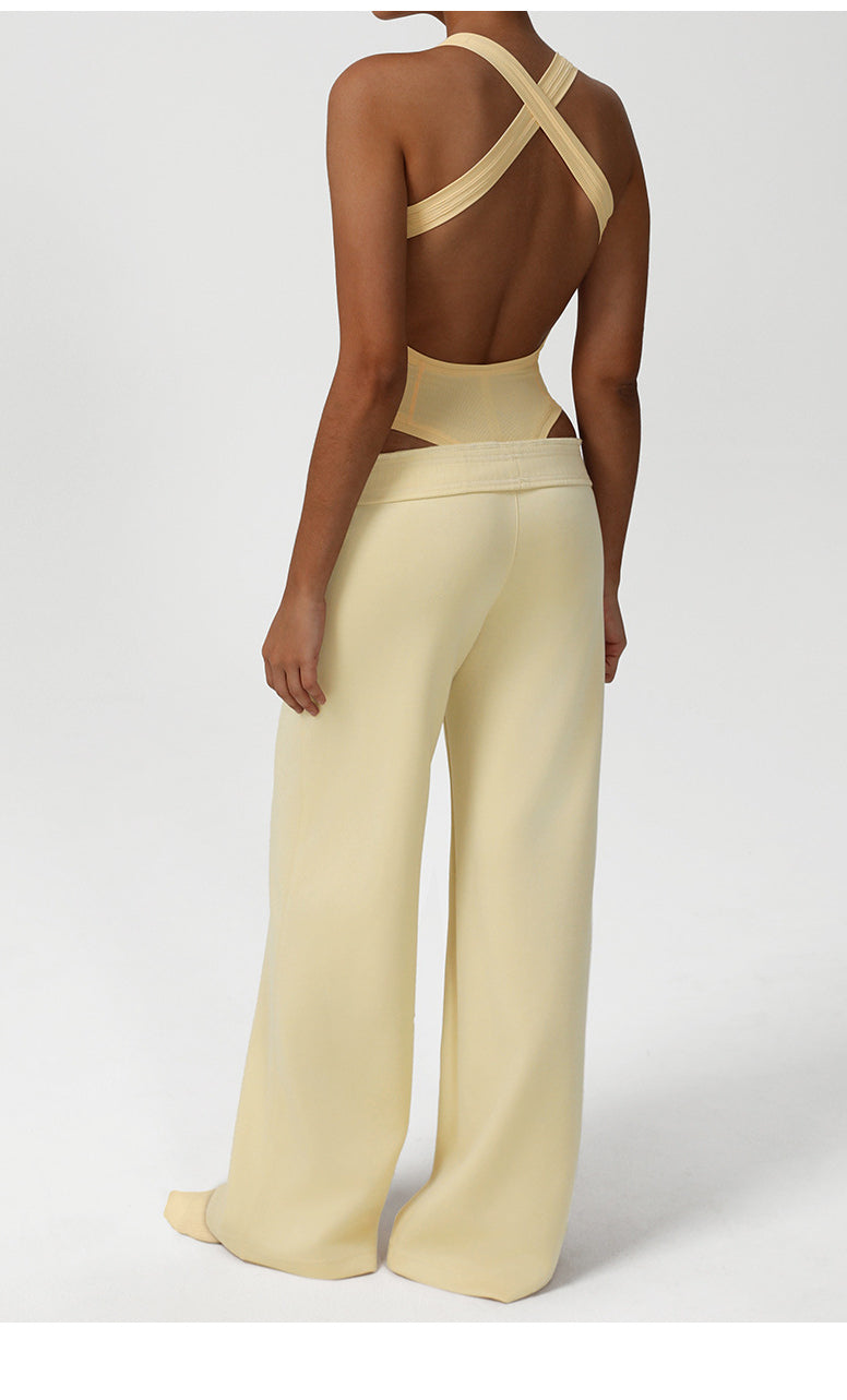 Cream-colored Langry fashion jumpsuit with crisscross back and wide-leg pants
