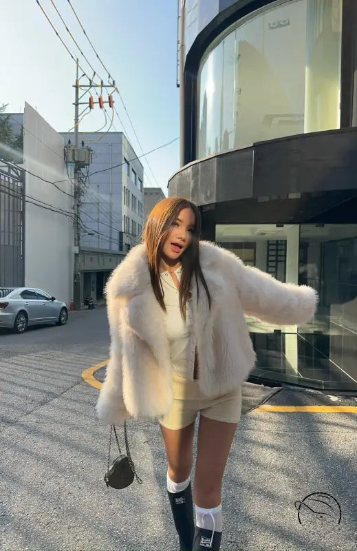 Langry short loose faux fur coat with striped socks