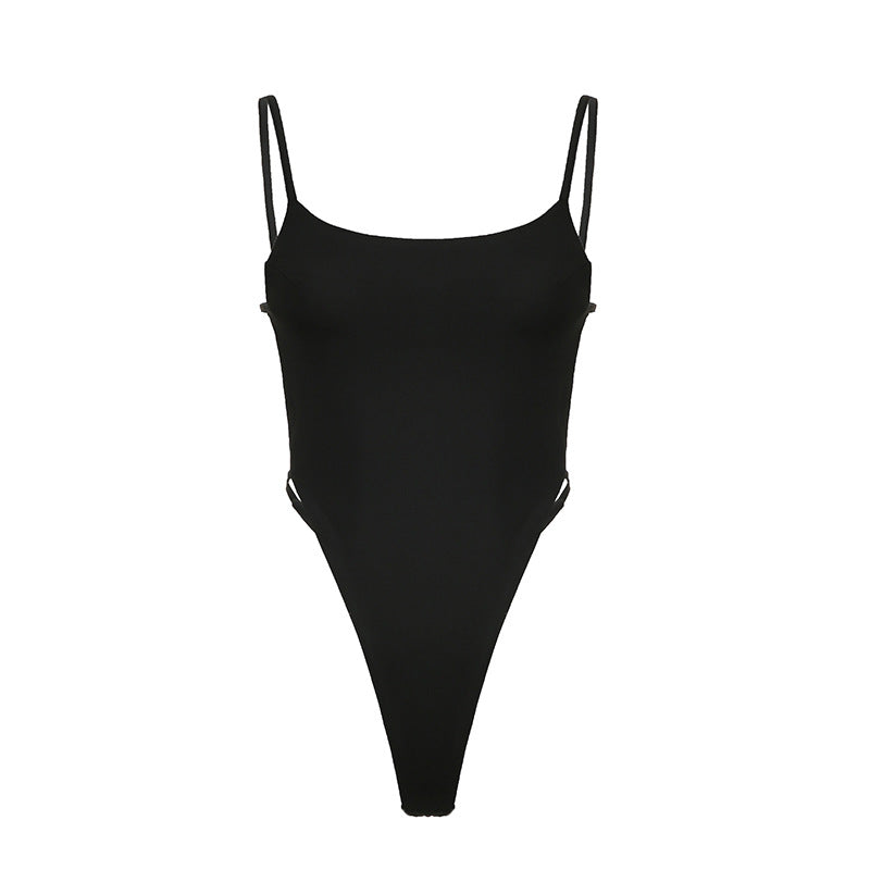 Black one-piece swimsuit with cutout square collar and irregular asymmetric design