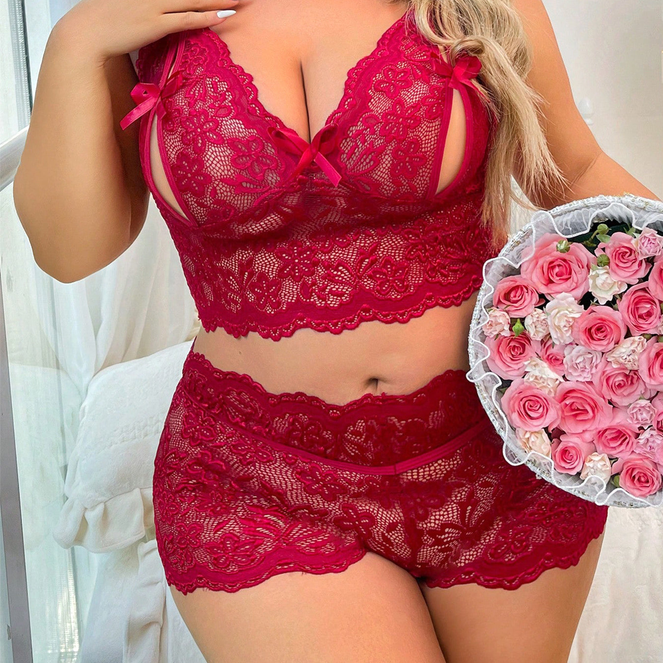 Red lace underwear corset two piece suit with floral pattern and shorts