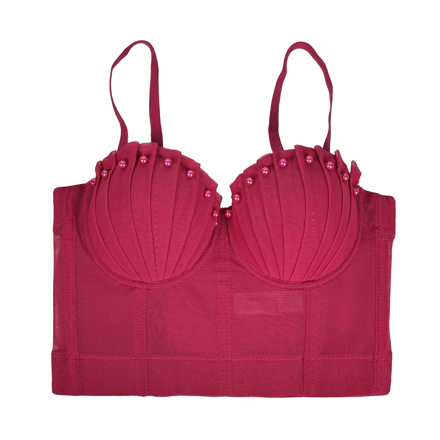 Langry fuchsia padded bra with pearls in mesh pleated corset