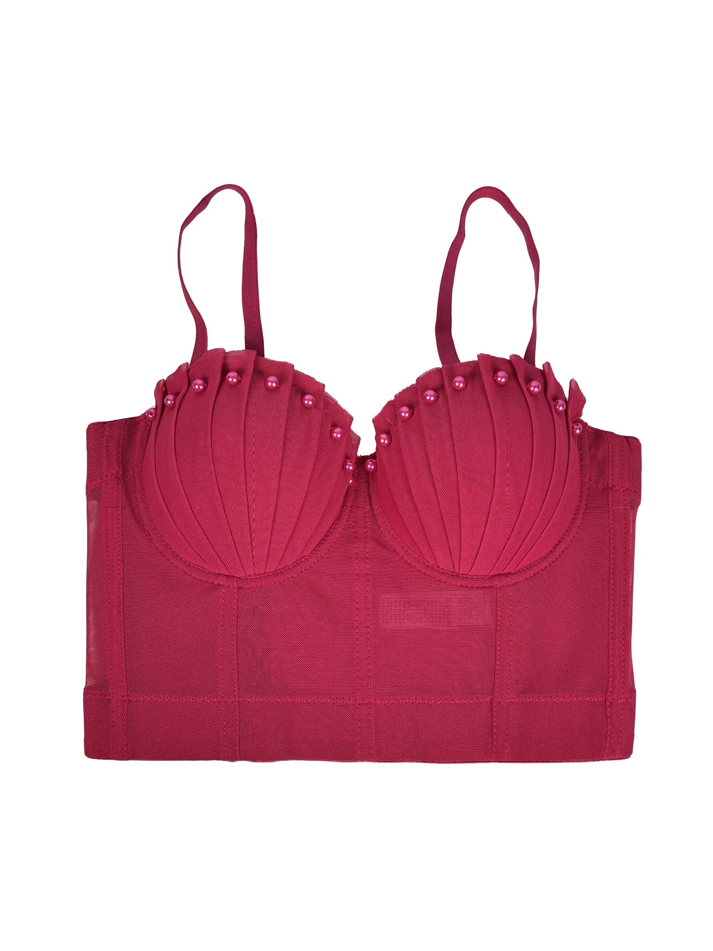 Langry fuchsia padded bra with pearls in mesh pleated corset