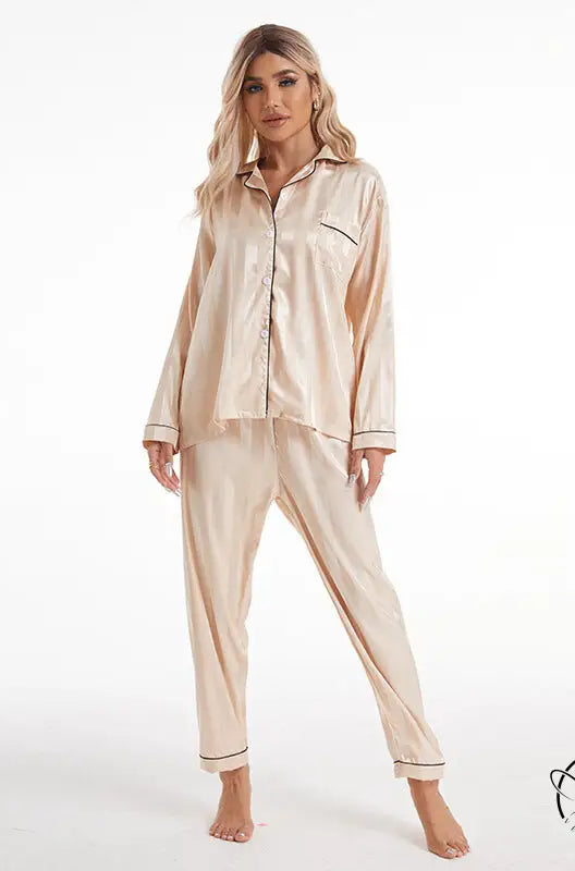 Beige satin langry pajama set with black piping, fashion ملابس homewear