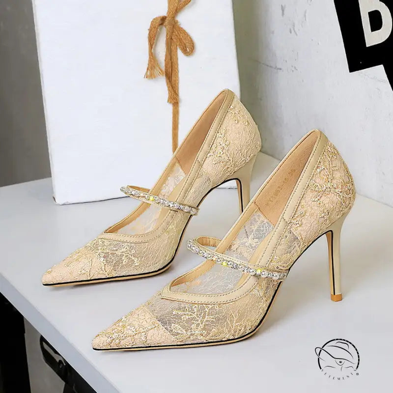Langry fashion mesh rhinestone pearl strap stiletto high heels with gold lace accents
