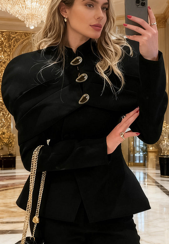 Langry fashion black peplum blazer with gold buttons and chain detail