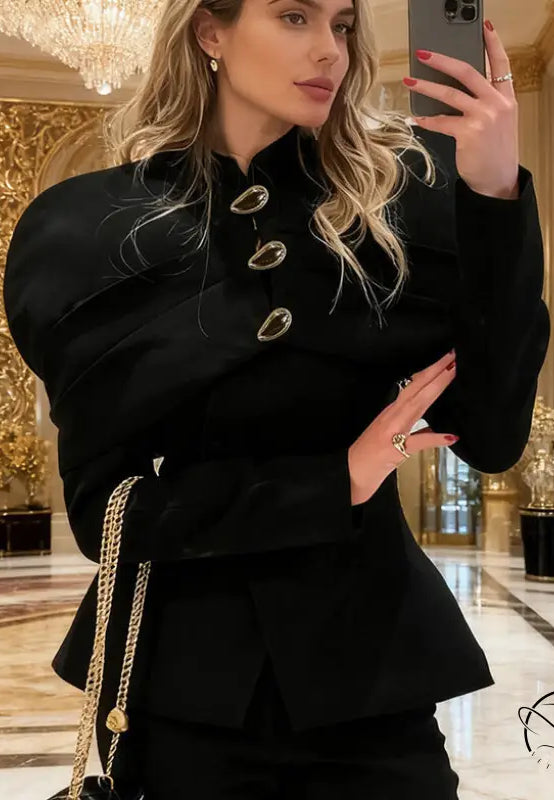 Langry fashion retro black slim peplum blazer with gold buttons and chain detail