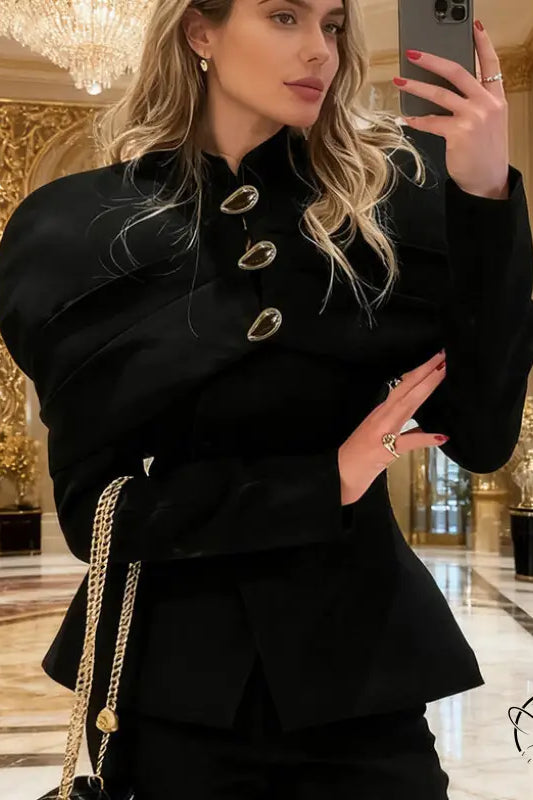 Langry fashion retro black slim peplum blazer with gold buttons and chain detail
