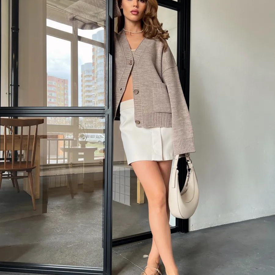 Beige and white knitted cardigan soft design sweater coat with cream skirt