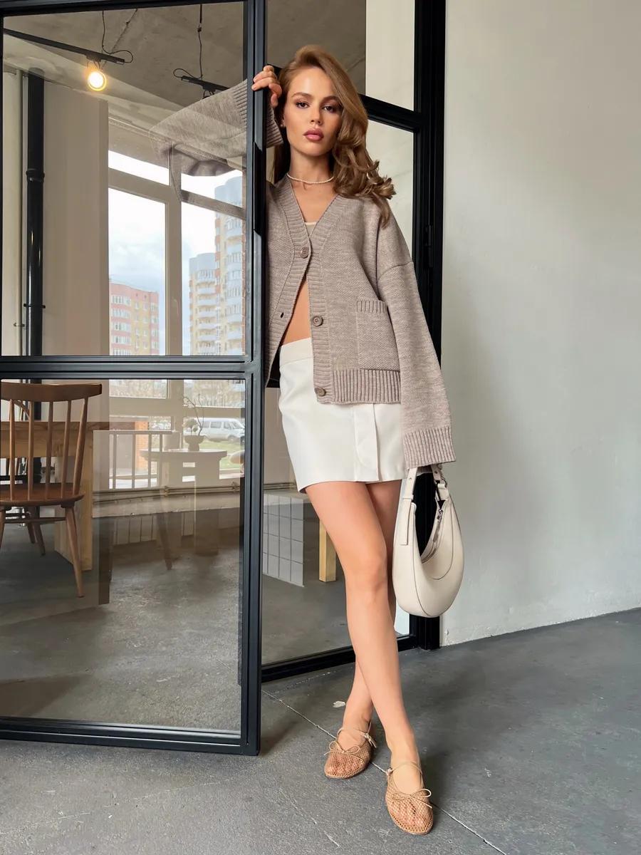 Beige and white knitted cardigan soft design sweater coat with cream skirt
