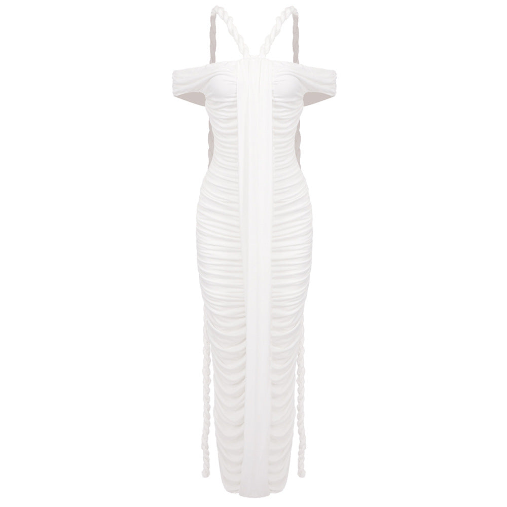 White ruched off-the-shoulder Elegant Pleated High Waist Dress for stylish fashion ملابس