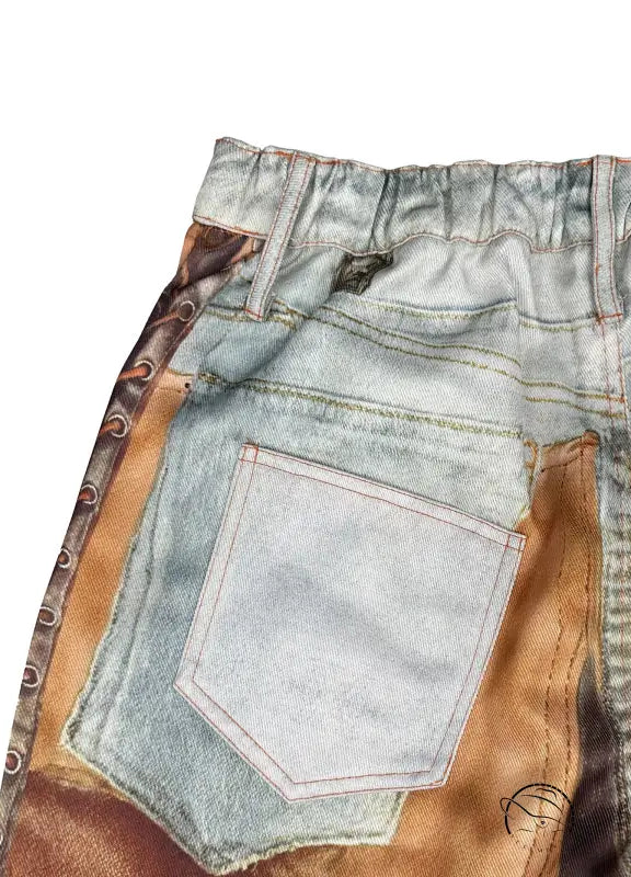 Casual dirty denim pants with light-colored jeans and brown leather patches