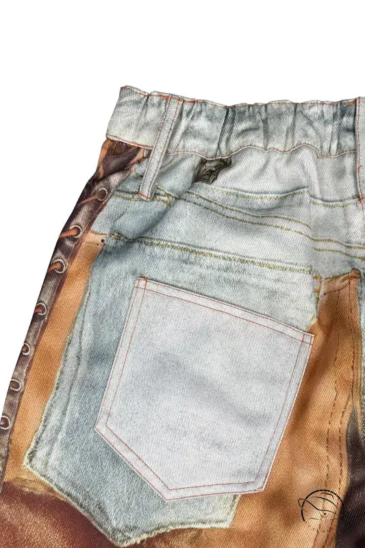 Casual dirty denim pants with light-colored jeans and brown leather patches