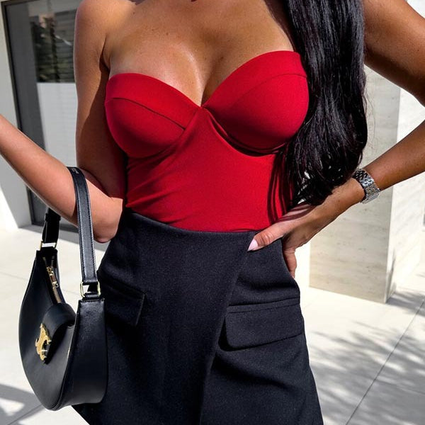 Red strapless bodysuit with black wrap skirt showcasing the cute wrapped chest corset style