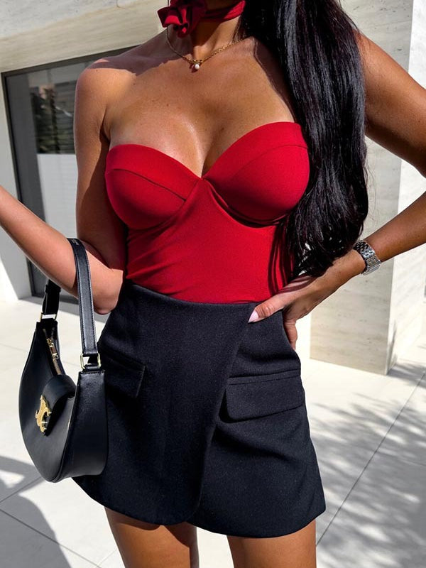 Red strapless bodysuit with black wrap skirt showcasing the cute wrapped chest corset style