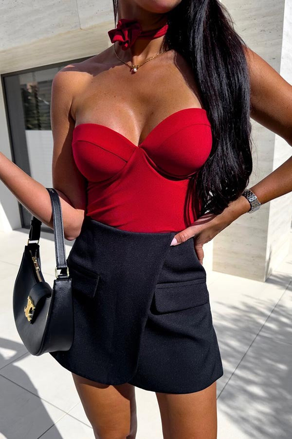 Red strapless bodysuit with black wrap skirt showcasing the cute wrapped chest corset style